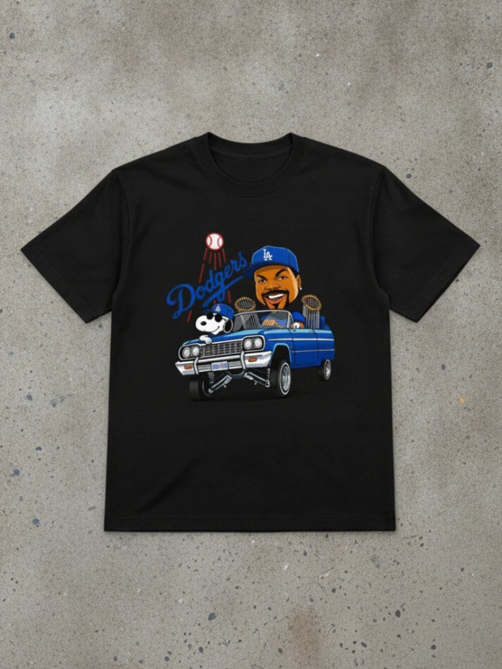 LA Baseball Lowrider Graphic T-Shirt – West Coast Streetwear Tee – Cartoon Car